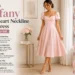 Alieva Tiffany sweetheart neckline midi dress in elegant pink with puff sleeves and flattering midi length