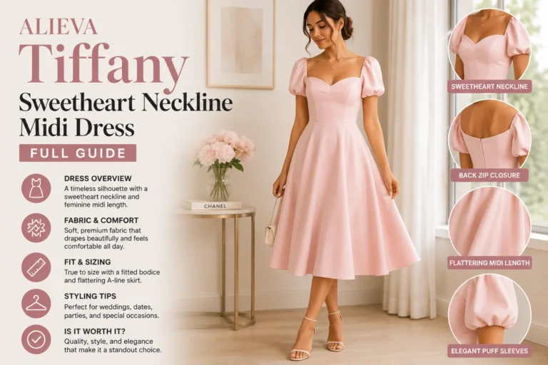 Alieva Tiffany sweetheart neckline midi dress in elegant pink with puff sleeves and flattering midi length