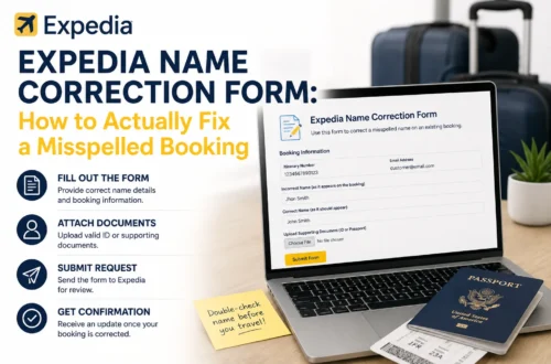 Expedia Name Correction Form for fixing a misspelled name on a travel booking
