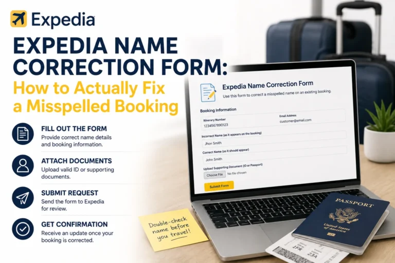 Expedia Name Correction Form for fixing a misspelled name on a travel booking