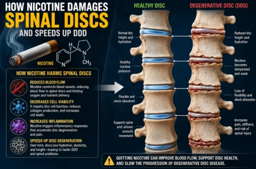 Nicotine and Degenerative Disc Disease showing how nicotine can reduce blood flow, damage spinal discs, and accelerate disc degeneration.