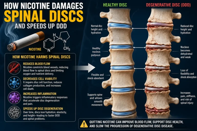 Nicotine and Degenerative Disc Disease showing how nicotine can reduce blood flow, damage spinal discs, and accelerate disc degeneration.