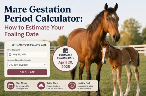 Mare Gestation Period Calculator showing a mare and foal with an estimated foaling date.