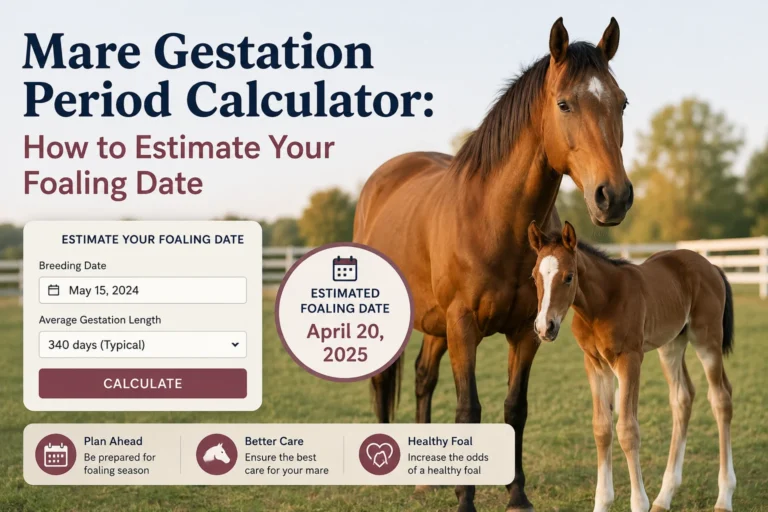 Mare Gestation Period Calculator showing a mare and foal with an estimated foaling date.