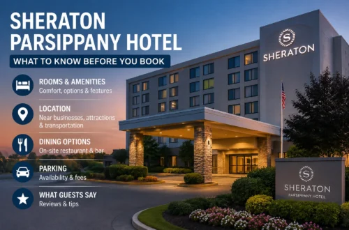 Sheraton Parsippany Hotel exterior with rooms, amenities, dining, parking, and booking information