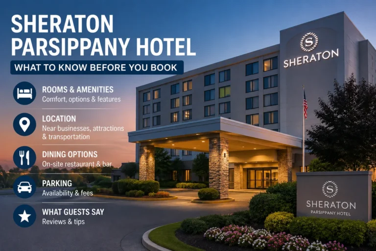 Sheraton Parsippany Hotel exterior with rooms, amenities, dining, parking, and booking information