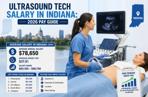 Ultrasound Tech Salary Indiana 2026 pay guide showing a sonographer performing an ultrasound examination.