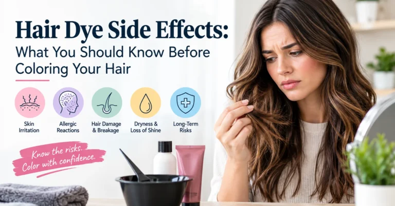 Hair dye side effects including skin irritation, allergic reactions, hair damage, dryness, and breakage before coloring hair.