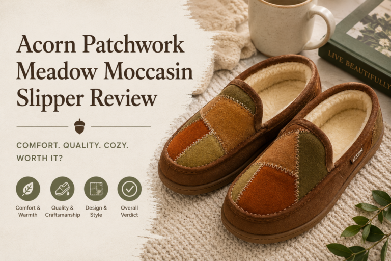 Acorn women's patchwork meadow moccasin slipper with cozy lining and colorful patchwork design