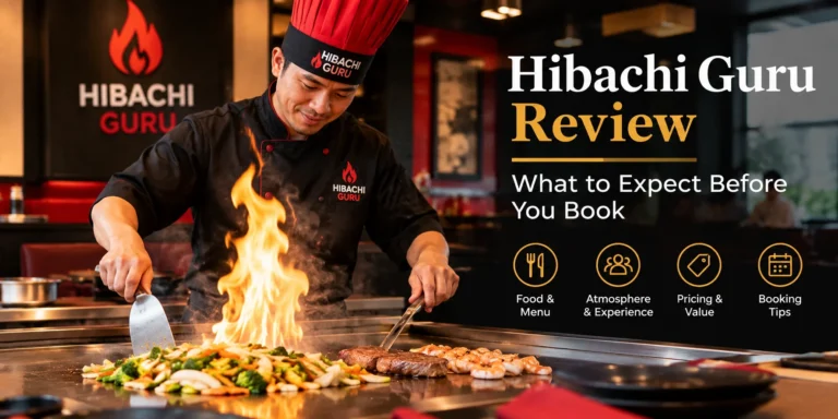 Hibachi Guru chef cooking on a teppanyaki grill, showing the restaurant experience, food, atmosphere, and booking details.