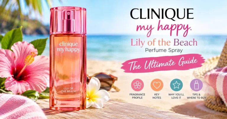 Clinique My Happy Lily of the Beach Perfume Spray on a tropical beach-inspired setting.