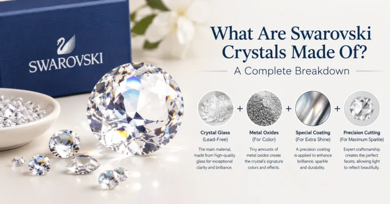 Swarovski crystals made of lead-free crystal glass, metal oxides, special coatings, and precision cutting.
