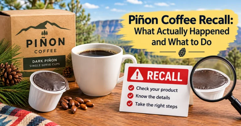 Piñon Coffee recall showing recalled Dark Piñon single-serve coffee pods, recall warning, and steps for consumers to check the product.