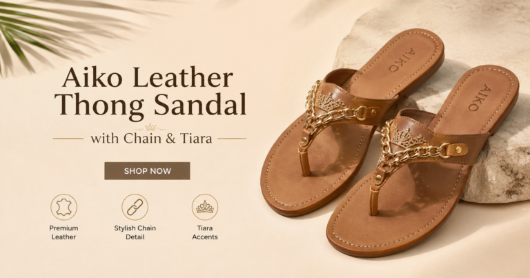 Aiko genuine leather thong sandal with chain and tiara in tan leather
