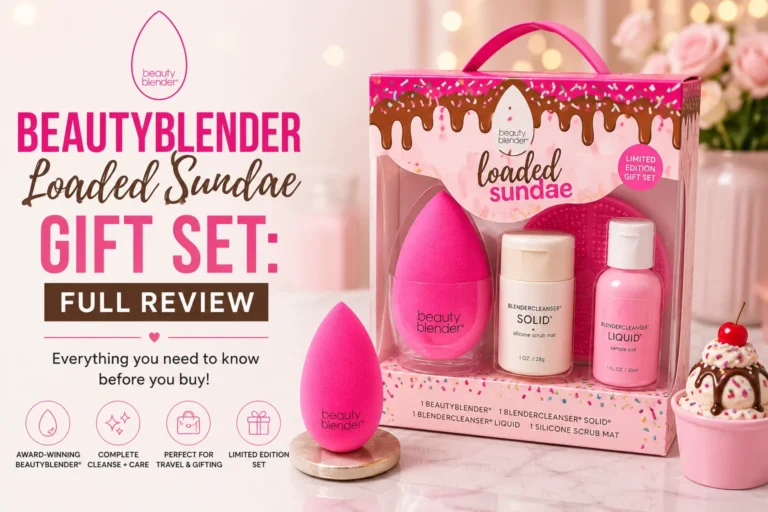 Beautyblender Loaded Sundae Blender Essentials Gift Set with pink makeup sponge and cleanser