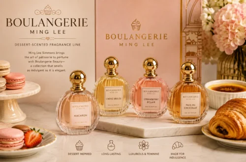 Boulangerie Ming Lee dessert-scented fragrance line with elegant pastry-inspired perfume bottles