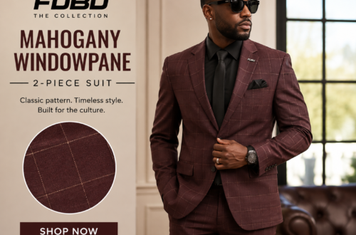 FUBU mahogany windowpane 2-piece suit featuring a stylish burgundy windowpane pattern