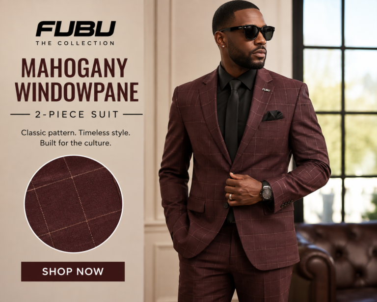 FUBU mahogany windowpane 2-piece suit featuring a stylish burgundy windowpane pattern