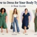 Elegant dress for body type guide featuring flattering styles for different body shapes and silhouettes.