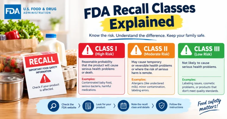 How to check if food is recalled using FDA recall classes, product details, and food safety guidance.