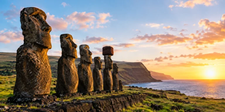 Rapa Nui Easter Island with a row of ancient Moai statues overlooking the Pacific Ocean at sunset.