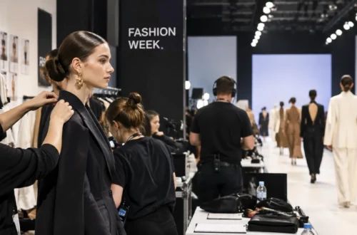 Behind-the-scenes fashion week scene showing a model being prepared backstage beside clothing racks, stylists, and a runway show.
