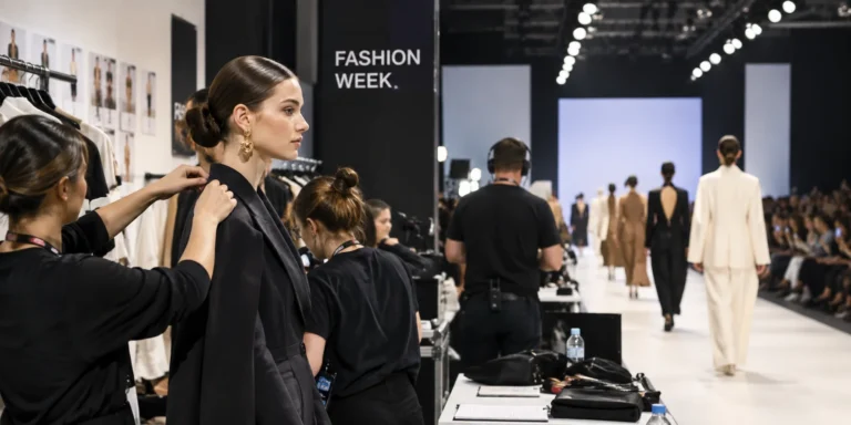 Behind-the-scenes fashion week scene showing a model being prepared backstage beside clothing racks, stylists, and a runway show.