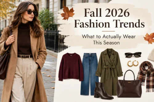 Fall 2026 fashion trends featuring stylish autumn outfits, including a camel coat, knit sweater, wide-leg trousers, boots, leather handbag, and seasonal accessories.