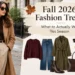 Fall 2026 fashion trends featuring stylish autumn outfits, including a camel coat, knit sweater, wide-leg trousers, boots, leather handbag, and seasonal accessories.