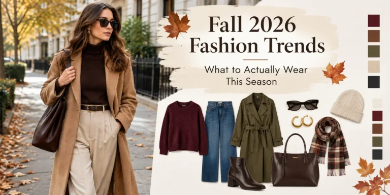 Fall 2026 fashion trends featuring stylish autumn outfits, including a camel coat, knit sweater, wide-leg trousers, boots, leather handbag, and seasonal accessories.