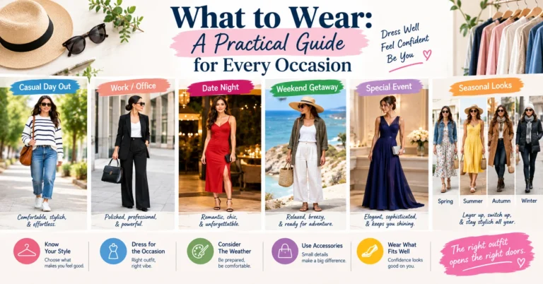 What to wear guide featuring stylish outfit ideas for different occasions, seasons, and personal styles.