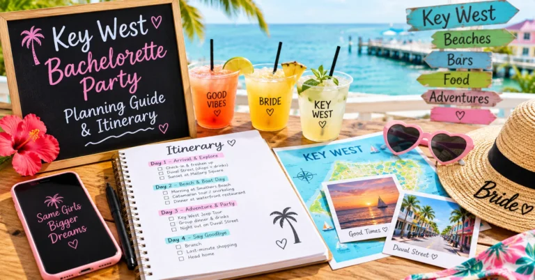 Key West bachelorette party planning guide with a tropical itinerary, beach activities, travel map, bride accessories, and vacation essentials.