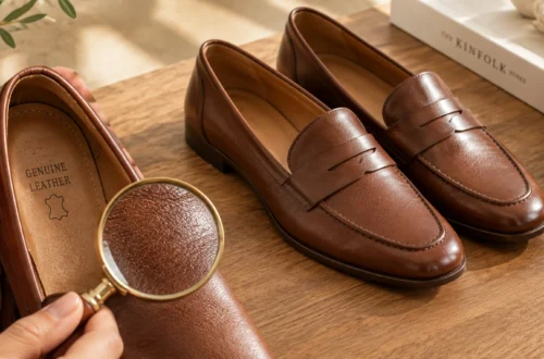 Hand checking the label and grain of a pair of brown leather shoes.