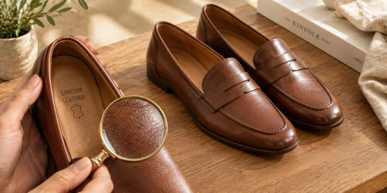 Hand checking the label and grain of a pair of brown leather shoes.