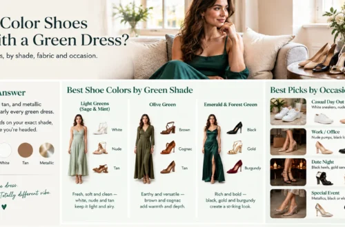 What color shoes go with a green dress, featuring nude, black, white, tan, and metallic shoe options by dress shade and occasion.