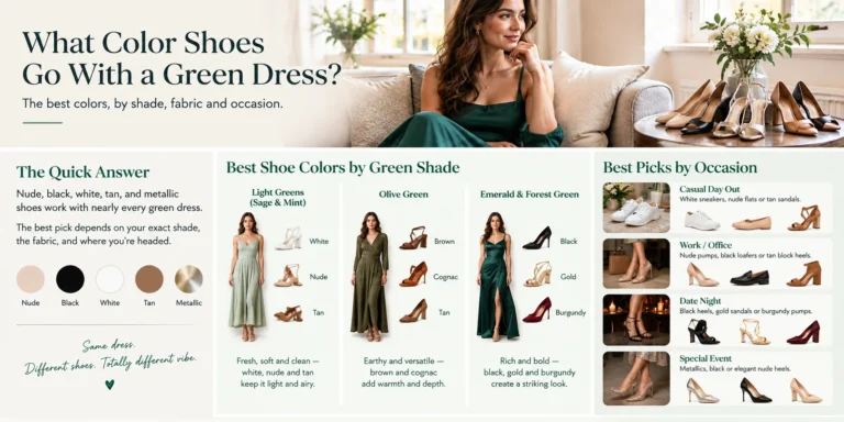 What color shoes go with a green dress, featuring nude, black, white, tan, and metallic shoe options by dress shade and occasion.