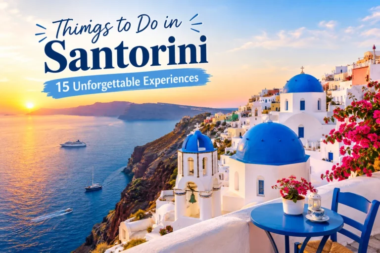 Things to Do in Santorini featuring 15 unforgettable experiences, blue-domed churches, whitewashed buildings, and a stunning sunset.