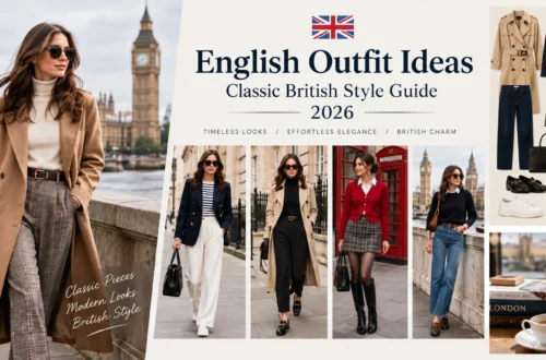 English outfit ideas featuring classic British style with trench coats, blazers, Breton stripes, loafers, boots, and tailored looks in London.