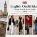 English outfit ideas featuring classic British style with trench coats, blazers, Breton stripes, loafers, boots, and tailored looks in London.