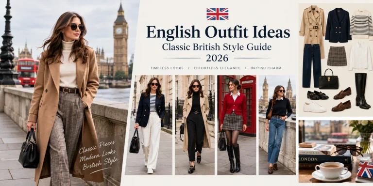 English outfit ideas featuring classic British style with trench coats, blazers, Breton stripes, loafers, boots, and tailored looks in London.