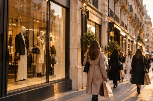 Shoppers outside a fashion store on a Paris street in the evening light.