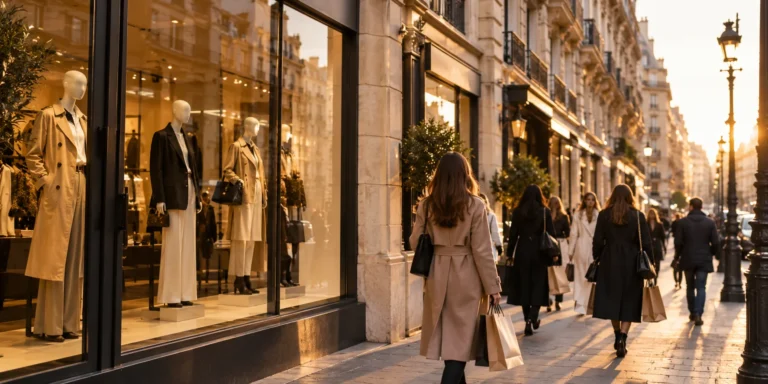 Shoppers outside a fashion store on a Paris street in the evening light.