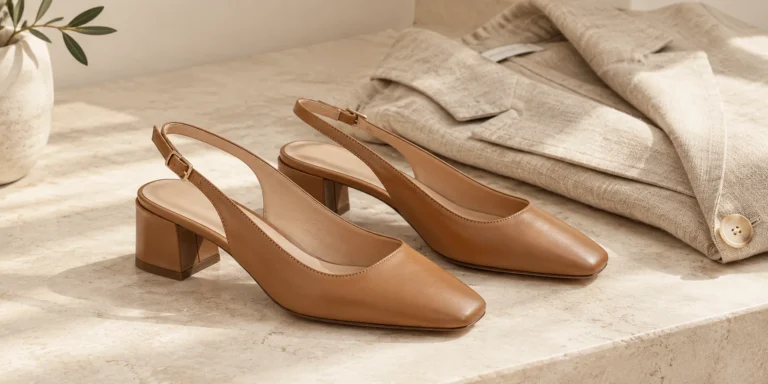 Tan leather slingback shoes with low block heels on a stone surface beside a folded linen blazer.