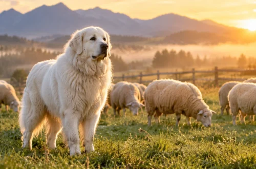 Great Pyrenees livestock guardian dog watching over sheep in a pasture at sunrise.