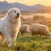 Great Pyrenees livestock guardian dog watching over sheep in a pasture at sunrise.