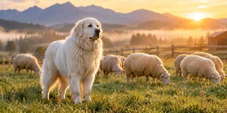 Great Pyrenees livestock guardian dog watching over sheep in a pasture at sunrise.