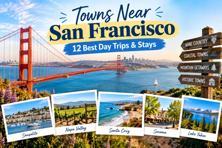 Towns Near San Francisco featuring 12 best day trips and stays, with the Golden Gate Bridge, coastal towns, wine country, and scenic getaways.