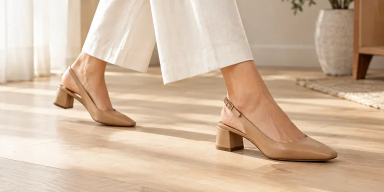 Woman walking in tan leather slingback shoes with a secure heel strap on a light wooden floor.
