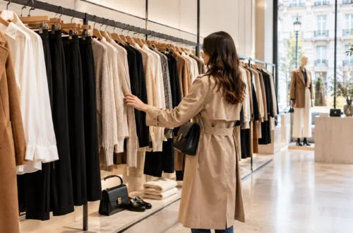 A woman browsing a rack of neutral-toned clothing in a fashion store.