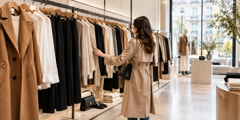 A woman browsing a rack of neutral-toned clothing in a fashion store.